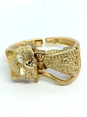 VINTAGE CAT BRACELET Watch Rhinestone Gold Tone Kitty Cuff Adjustable